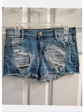 'Royal Blue Shorts' Mid-Rise Extreme Distressed Look Frayed Hem Shorts - Juniors